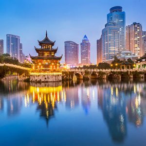 Cityscape of Guiyang at night, Jiaxiu Pavilion on the Nanming River. Located in Guiyang City, Guizhou Province, China.